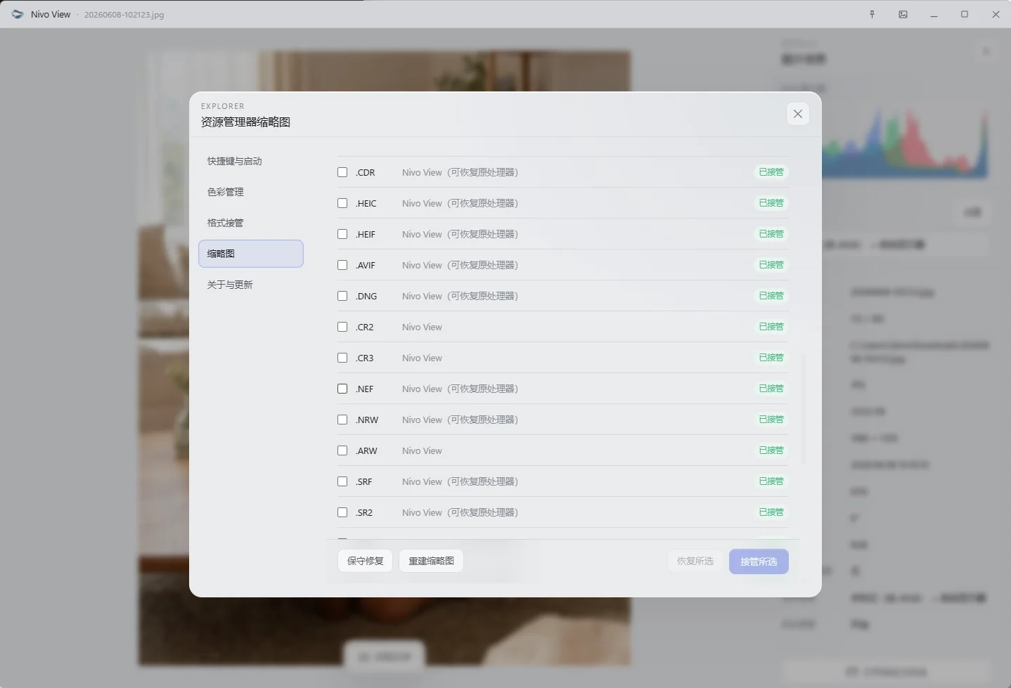 Nivo View 资源管理器缩略图设置界面